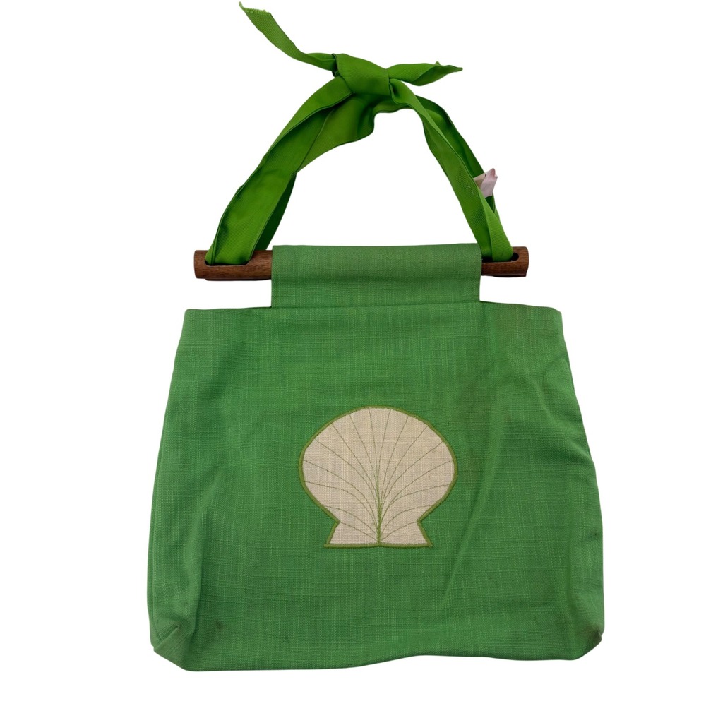 Vintage Judys Things Inc Atlanta Green Linen Seashell Wood Ribbon Handbag
